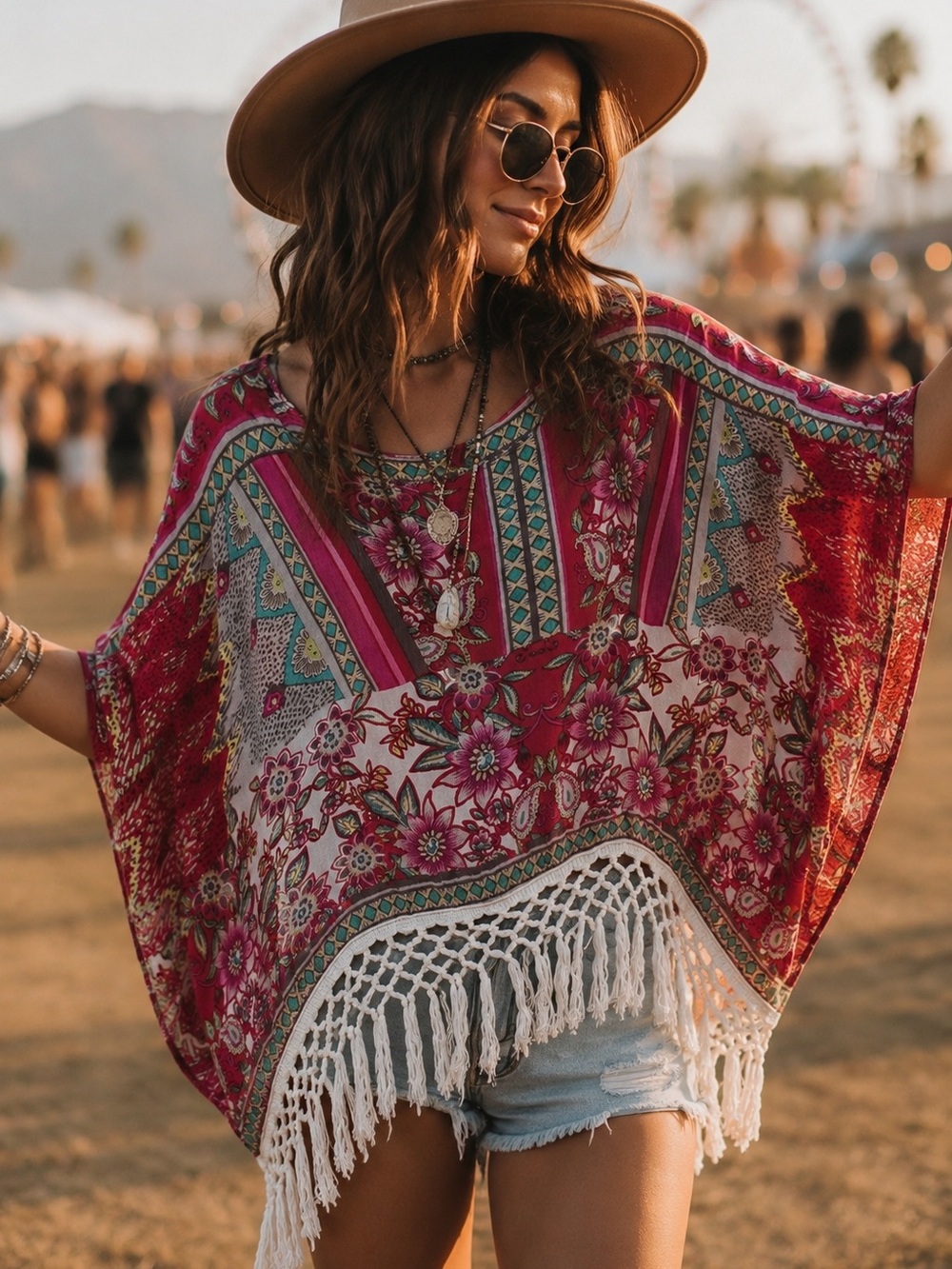 Indigo Thread Co Boho Fringe Kimono Poncho Ivory Pink Red Floral Size S Festival